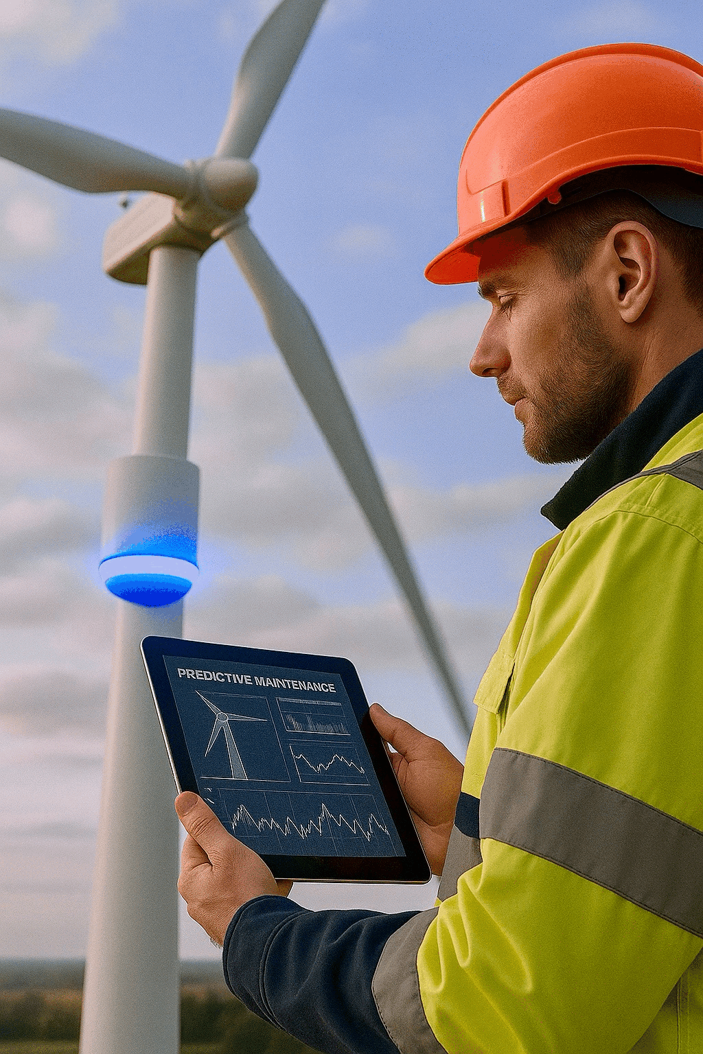 Animated visual showing a wind energy technician using a predictive maintenance dashboard while the turbine blades rotate and the sensor blinks. The image sequence is AI-generated.