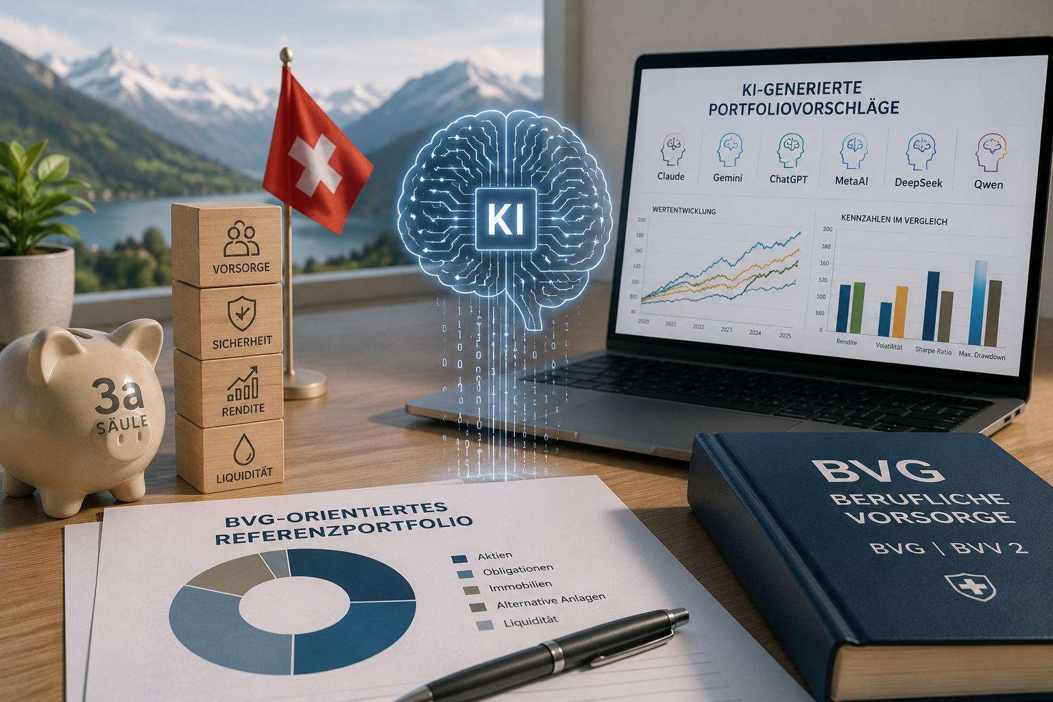 KI-generierte Anlageportfolios im Vergleich zu einer BVG-orientierten Referenzstrategie.