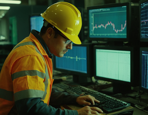 Construction worker at work with a matrix like data display in the background and computers