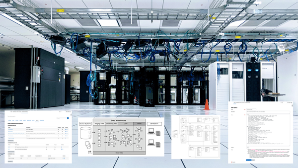Server racks in a data center superimposed by screen grabs of database, dataware house schema and Moodle UI pages