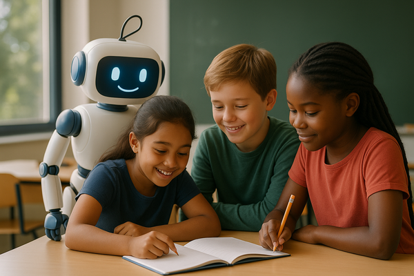 Three primary school children collaborating, accompanied by a friendly AI robot (created using DALL·E)