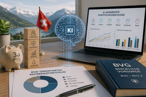 KI-generierte Anlageportfolios im Vergleich zu einer BVG-orientierten Referenzstrategie.